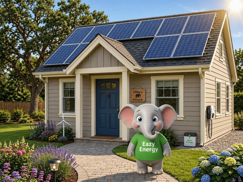 Ollie the elephant in front of a house with solar panels