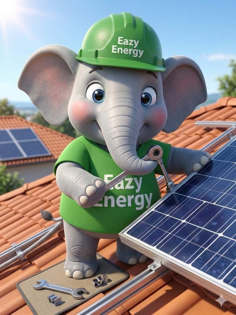 Ollie the elephant installing solar panels on a roof
